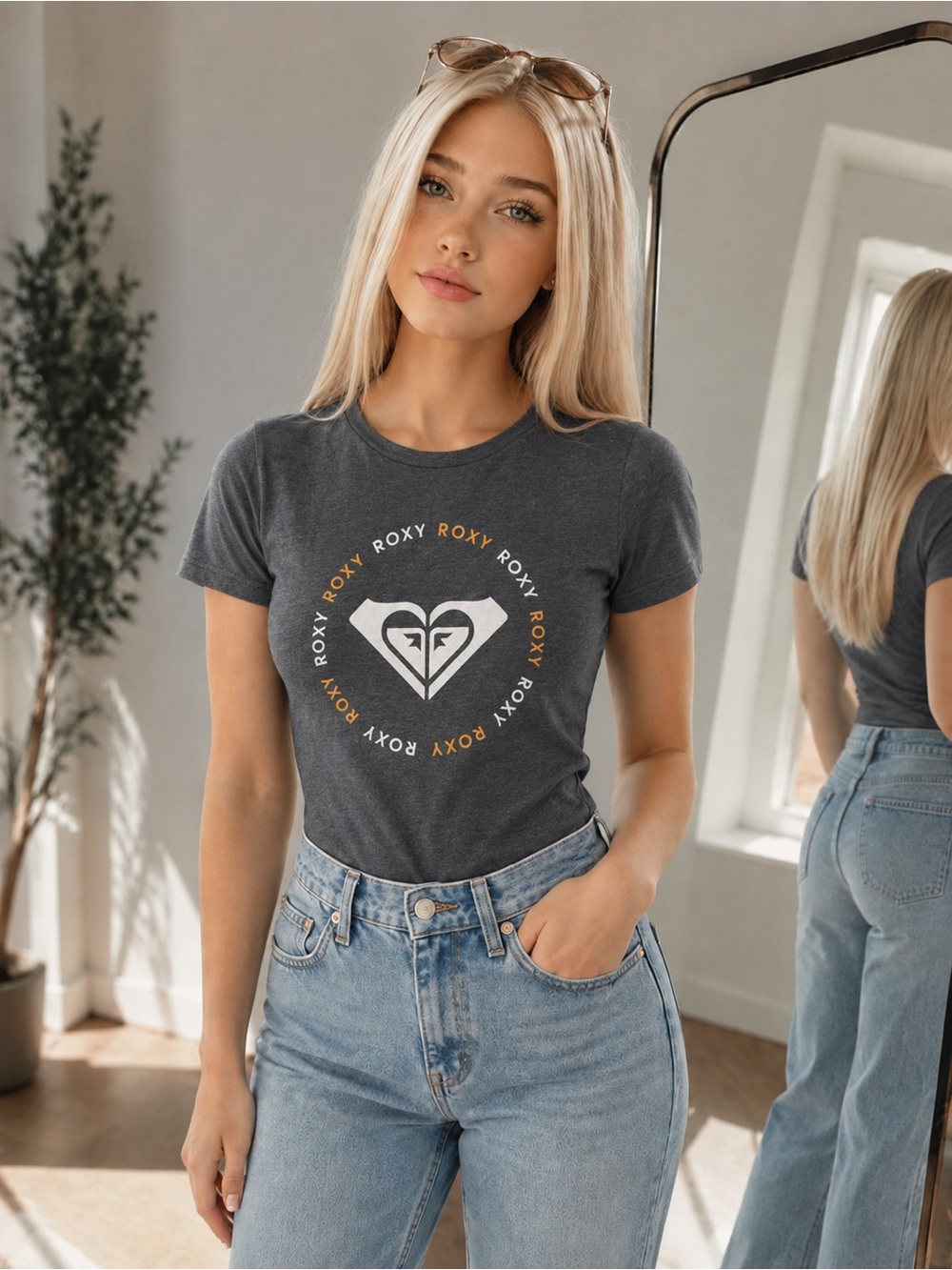 Roxy Women's Charcoal Logo Tee - Grey Graphic Short Sleeve
